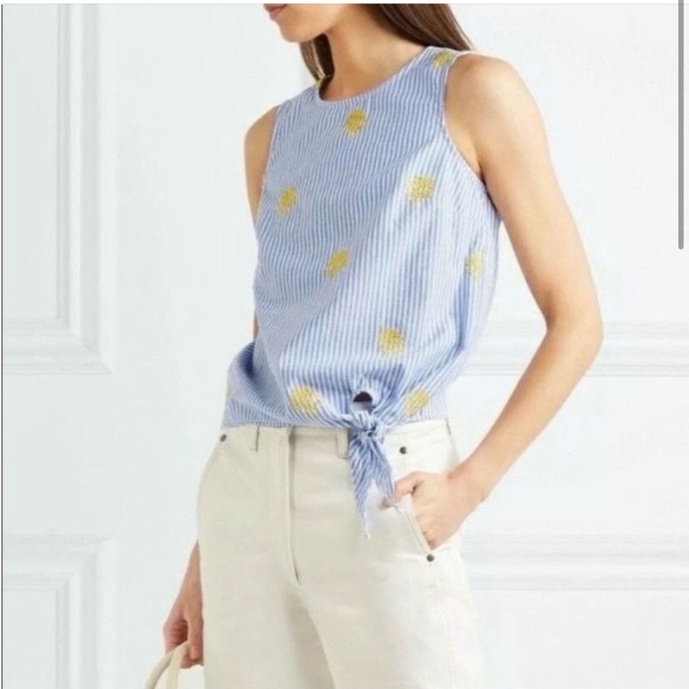 J. Crew Pineapple Embroidered Side Tie Tank Top Striped Sleeveless Blouse size 2